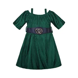 Wish Karo Girls Self Design Shoulder Straps Cold-Shoulder Sleeves Silk Fit & Flare Dress-picture-21