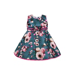 Wish Karo Girls Teal Blue & Pink Printed Silk Satin Finish Fit & Flare Dress-picture-54