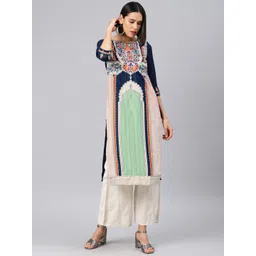 WISHFUL by W Women Navy Blue & Pink Printed Straight Kurta-picture-22