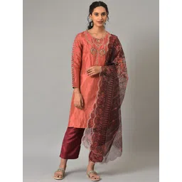 WISHFUL Women Coral Ethnic Motifs Embroidered Thread Work Kurta with Trousers & With Dupatta-picture-37