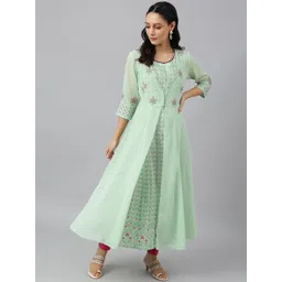 WISHFUL Women Green Floral Embroidered Panelled Kurta with Trousers-picture-14