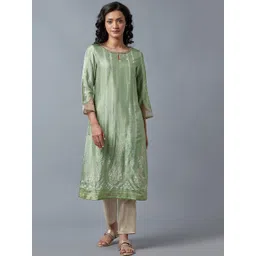 WISHFUL Women Green Keyhole Neck Kurta-picture-19