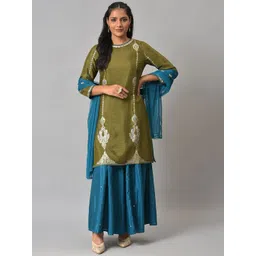 WISHFUL Women Olive Green Embroidered Kurta with Palazzos & Dupatta-picture-22