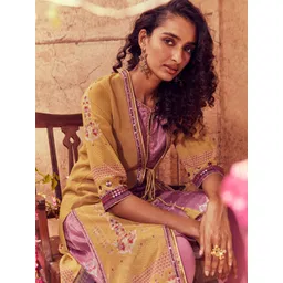 WISHFUL Women Olive Green Striped Layered Sequinned Kurta with Churidar & With Dupatta-picture-21