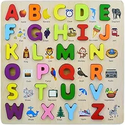 wishkey 3d wooden capital alphabet puzzles with pictures for children, montessori educational learning letters puzzle board toy- Multi color-picture-16