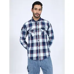 WOLF & CO. Men Relaxed Fit Buffalo Checked Spread Collar Cotton Casual Shirt-picture-27