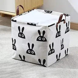 Wolpin Fabric Cloth Storage Bags Foldable | Wardrobe Organizer | Clothes Storage | Laundry |Kids Toys | Bedsheets | Waterproof Foldable with Handle - 32 Litres, Bunny White |Square-picture-31