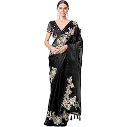 womanista Women's Black colored zari embroidered designer saree with tassles on pallu(TI7136A_Black_Onesize)-picture-55