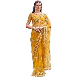 womanista Women's Women Net Saree ll Women Embroidered saree ll Women Yellow saree ll Un-stitched blouse saree-picture-14