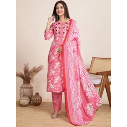 Women Basket Floral Printed Thread Work Straight Kurta With Trousers & Dupatta-picture-20
