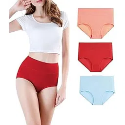 Women Cotton High Waist Full Coverage Tummy Tucker Control Panty Girls Brief Hipster Panties for Women - (Pack of 3) -Red Orange and Light Blue-picture-50