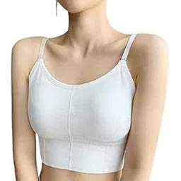 Women Cotton Padded Wire Free Long Patti Longline Sports Bra Cami Tank Top for Workout Fitness Yoga Free Size (Pack of 1), Size (28-32) White-picture-25
