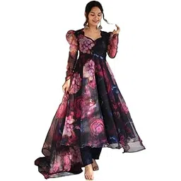 Women Digital Floral Printed Organza Silk Anarkali Gown for Women, Round Neck Long Sleeve, Perfect for Festival, Party and Wedding-picture-25
