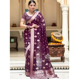 WOMEN ELEGENCE Ethnic Motifs Zari Art Silk Banarasi Saree-image-47