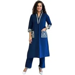 WOMEN Embroidered Kurta Pant Set, V-Neck, 3/4 Sleeves, Ethnic Wear, Cotton Blend, Floral Embellished Pockets-picture-47