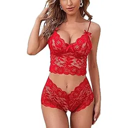 Women Lingerie Lace Babydoll V Neck Sleepwear Strap Chemise Bra and Panty Set.-picture-23