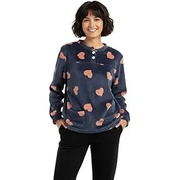 Women Navy Heart Print Fleece Sweatshirt Free Size Bust 41 Inch Warm Winter Top with Pocket and Buttons Night Upper top-picture-37