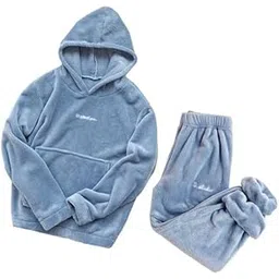 Women Winter Fluffy Pajama Set Soft Fleece Pullover Tops and Pants Loose Plush Sleepwear Pack of 1 Free Size Hoodie and Pocket (28 Till 32)-picture-33