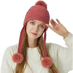 Women Winter Warm Knitted Woolen Beanie Cap with Pom Pom | Soft Thick Acrylic Inside Fur Beanie with Earflaps for Women & Girls-picture-33