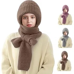 Women’s 2-in-1 Integrated Hat & Scarf, Windproof Winter Woolen Cap with Ear Protection, Cold-Resistant Fleece Lining, Soft & Comfortable for Winter Activities Multicolour (Pack of 1)-picture-24