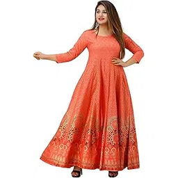 Women's 3/4 Sleeves Round Neck Flower Printed Long Rayon Blend Anarkali Gown Dress-picture-52