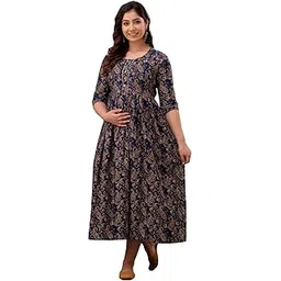 Women's All Over Printed Pure Cotton Maxi Maternity Anarkali Kurti Dress Gown for Breastfeeding with Zippers,-picture-17