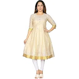 Women's Anarkali Kurti with Border, 3/4 Sleeves, Cream Colored Traditional Dress-picture-26