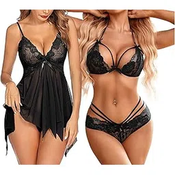 Women's Babydoll Night Dress with Bikini Bra Panty Set Lingerie for Women Pack of 2-picture-24