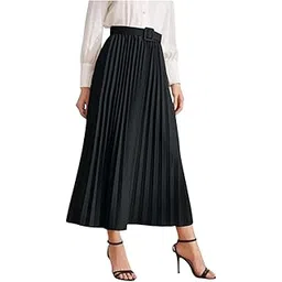 Women’s Black Pleated Midi Skirt with Belt | High Waist Flared Skirt for Office-picture-14