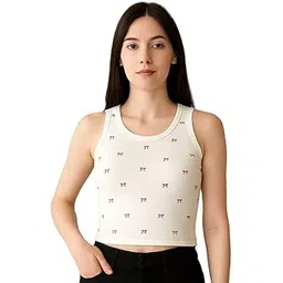 Women's Bow Print Crop Tank Top, Sleeveless, Cotton Blend, Fitted Style, Sando Vest-picture-15