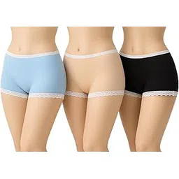 Women's Boyshort Panties with Lace Trim, Pack of 3, Blue Black Beige for Cycling, Gym, Yoga etc-picture-21