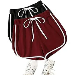 Women's Burgundy Cotton Shorts with White Side Stripes,Regular Short Pant Pack of 2,100% Pure Cotton-picture-46