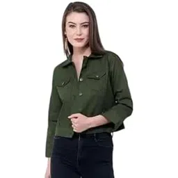 Women’s Casual Solid Bottle Green Denim Jacket-picture-12