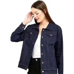 Women's Classic Denim Jacket, Navy Blue, Button-Front Closure, Collared Neckline, Casual Style-picture-54
