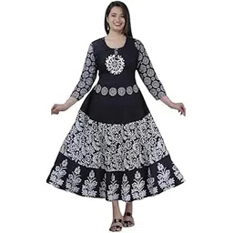 Womens' Cotton 3/4th Sleeves Black Printed Maxi Dresses-picture-23