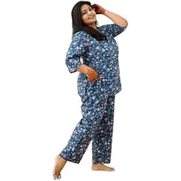 Women's Cotton Floral Printed Co-ord Set Plus Size Nightwear Loungewear Set with Pockets 3/4 Sleeve Top & Pant-picture-20