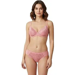 Women's Cotton Net Full Coverage Underwire Lace Bra with Matching Brief 2 Piece Set-picture-56