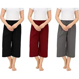 Women's Cotton Plain Capri Pants, Loosefit Yoga Pants For Womens 3Pack (Black,Grey,Marrone)-picture-13