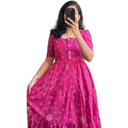 Women's Cotton Tiered Maxi Dress, Pink Floral Print, Square Neck, Short Puff Sleeves, Empire Waist-picture-10