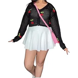 Women's Crochet Cherry Cardigan Sweater, Light Blue, Long Sleeve Crop Top with Decorative Cherry Appliques, Knitted Pattern-picture-53