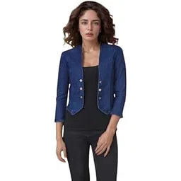 Women's Denim Crop Jacket with Black Jeans Set, 3/4 Sleeve, Dark Blue and Black, Casual Style-picture-24