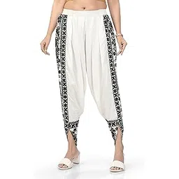 Women's Dhoti Style Pants with Floral Print Border, Elastic Waist, Available in White, Black, Silver, Green, Blue, Brown, and Lavender, Cotton-picture-38