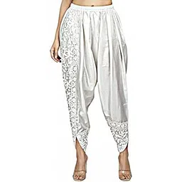 Women's Dhoti Style Pants with Floral Print Border, Elastic Waist, Available in White, Black, Silver, Green, Blue, Brown, and Lavender, Cotton-picture-40