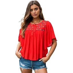 Women's Embroidered Crochet Poncho Blouse, Red-picture-53