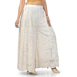 Women's Embroidered Lace Palazzo Pants, Off-White, Elastic Waist, Floor Length-picture-13
