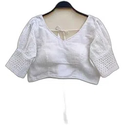Women's Embroidered Round-Neck Fancy Cotton Regular Fit Puff Sleeve Readymade Hakoba Crop and Short Sleeves Blouse for Women|Style - 736 Women's Blouses & Shirts-picture-34