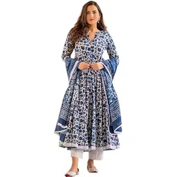 Women's Floral Anarkali Kurta Set with Palazzo and Dupatta, Blue and White Block Print, Traditional Ethnic Wear-picture-30