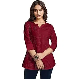 Women's Floral Embroidered Coral V-Neck Top, 3/4 Sleeves, Kurta top-picture-26
