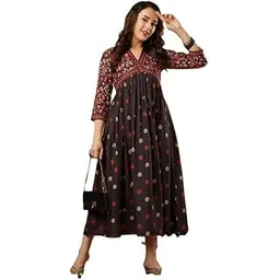 Women's Floral Print Cotton Anarkali Dress, V-Neck, 3/4 Sleeves, Black with Red-picture-29