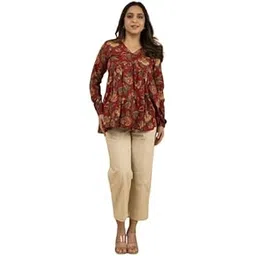 Women's Floral Print Cotton Top, Long Sleeve V-Neck Blouse, Maroon and Yellow Casual Wear-picture-13